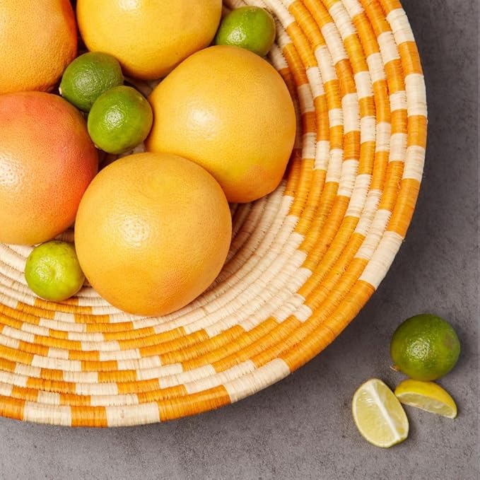 Home and Kitchen, Decorative Tary, Fruit Basket, Table Tray, Entryway Key Holder, Wicker, Handwoven, Raffia, Large, 16" Dia, Orange