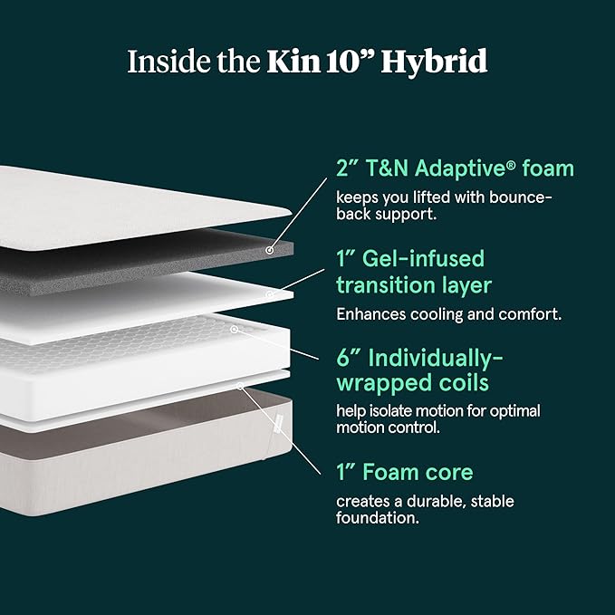 Tuft & Needle Kin Medium Plush 10" Queen Hybrid Mattress, Cooling, Pressure Relief, and Individually-Wrapped Coils, 100 Night Trial, Fiberglass-Free, CertiPUR-US, 10-Year Limited Warranty