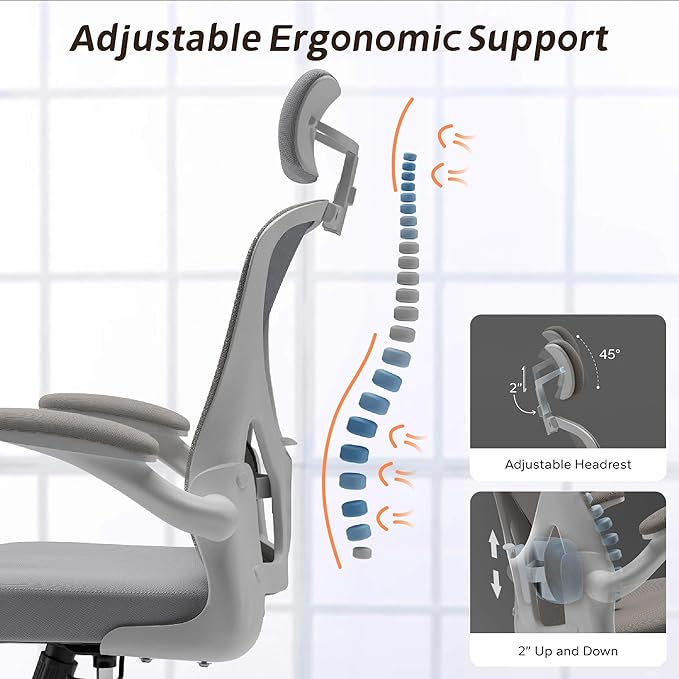 Ergonomic Office Chair with Adjustable Lumbar Support & Flip-Up Armrests - High Back Desk Chair with Thickened Seat Cushion, Rolling Wheels for Home/Office Study Work