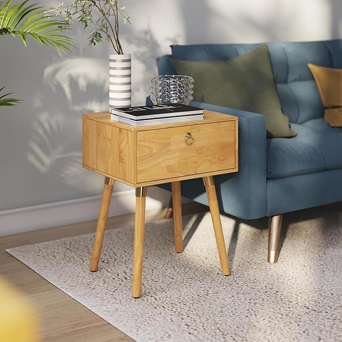 Bme Alden Wood Nightstand, Solid Wood End Table, Mid Century Modern Nightstand, Side Table with 1 Drawer, Compact for Bedroom, Living Room & Study Room, Easy Assembly, Light Natural