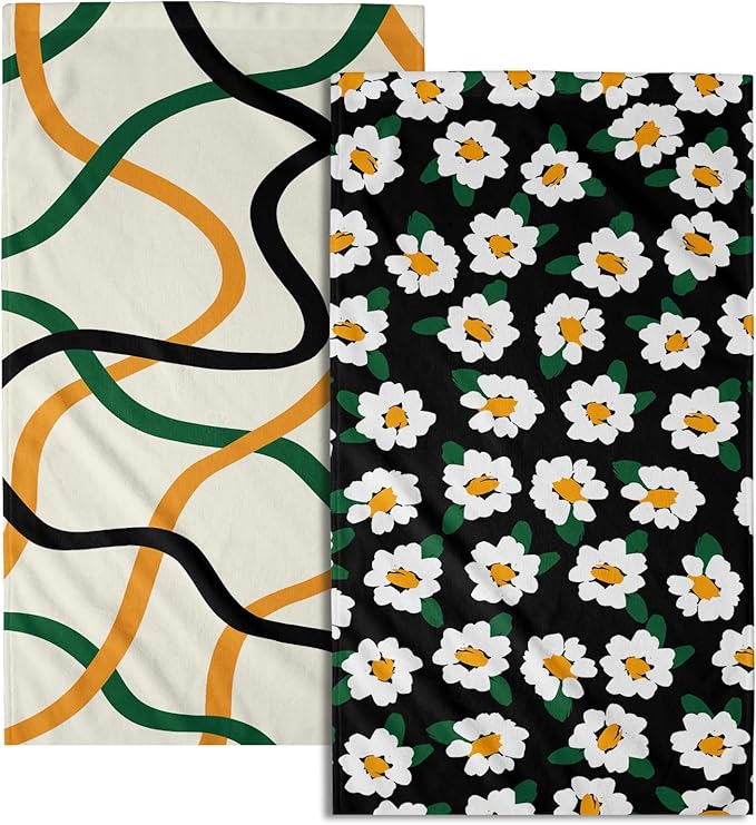 Modern Kitchen Towels Set of 2 Geometric Stripe Green Orange Microfiber