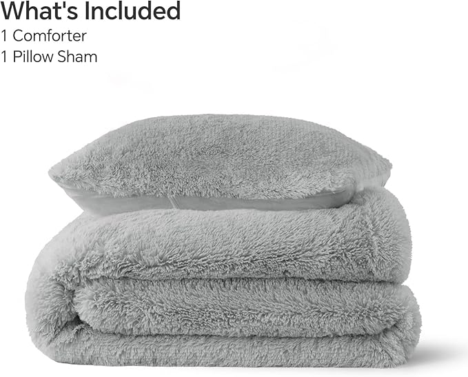 BEDELITE Grey Fluffy Comforter Set Twin Size, Fuzzy Faux Fur Comforter Bedding Set, 2Pieces Soft Warm Shaggy Bed Set (1 Comforter & 1 Pillowcase) as Gifts for Women