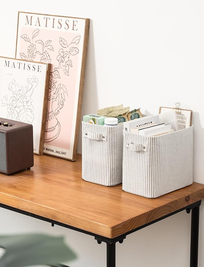 StorageWorks Narrow Storage Bins, Small Basket for Closet and Shelves, Rectangular Fabric Organizer with Handles, Toilet Paper Storage, Khaki and Beige Stripes, 2-Pack