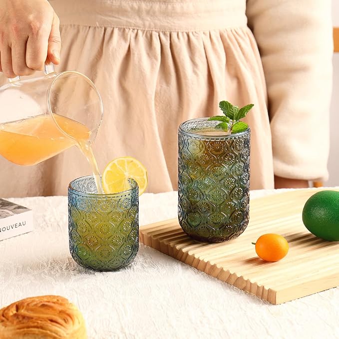 Blue Drinking Glasses Set of 12, 12 Oz Highball & 10 Oz Cocktail Glasses, Blue Kitchen Vintage Glassware Set, Floral Embossed Glass Tumbler Cups for Water, Beer, Juice, Whiskey, Coffee