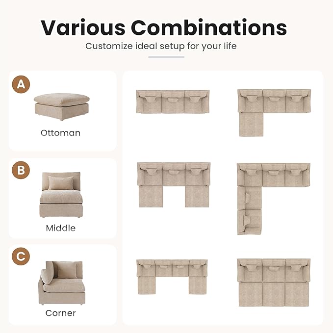 Cloud Couch Modular Sectional Sofa,119.2" 3Seater Wide Couch,Down Filled Convertible Living Room Set, Covers Washable&Replaceable,Khaki