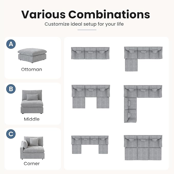 WJShome Cloud Couch Modular Sectional Sofa,82.68" Oversized LoveSofa, Down Filled Convertible Wide Seater for Living Room Set, Covers Washable&Replaceable,Grey