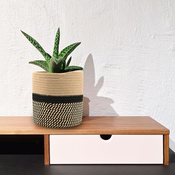Woven Cotton Rope Plant Basket for 11" Flower Pot Floor Indoor Planters,Storage Organizer Basket Rustic Home Decor (11" x 11",Black and Brown Stripes)
