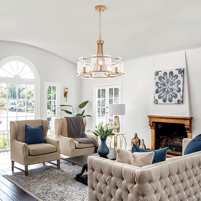 5-Light Gold Glass Chandelier for Dining Room, Modern Textured Glass Light Fixture Gold Chandeliers, Drum Round Chandelier for Kitchen Island Living Room Foyer Bedroom, E12