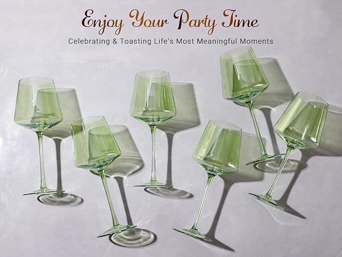 Physkoa Green Wine Glasses Set - 6-16oz Modern Colored Glassware With Tall Long Stem and Flat Bottom for Spring Home Party