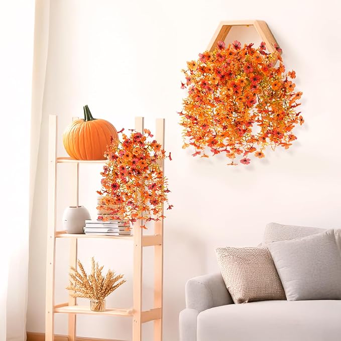 INQCMY Artificial Fall Flowers for Outdoors Fake Mums Hanging Flowers Plants 2Pcs UV Resistant Faux Flowers for Porch Patio Outdoor Decor Home Decor (Orange Autumn Red)
