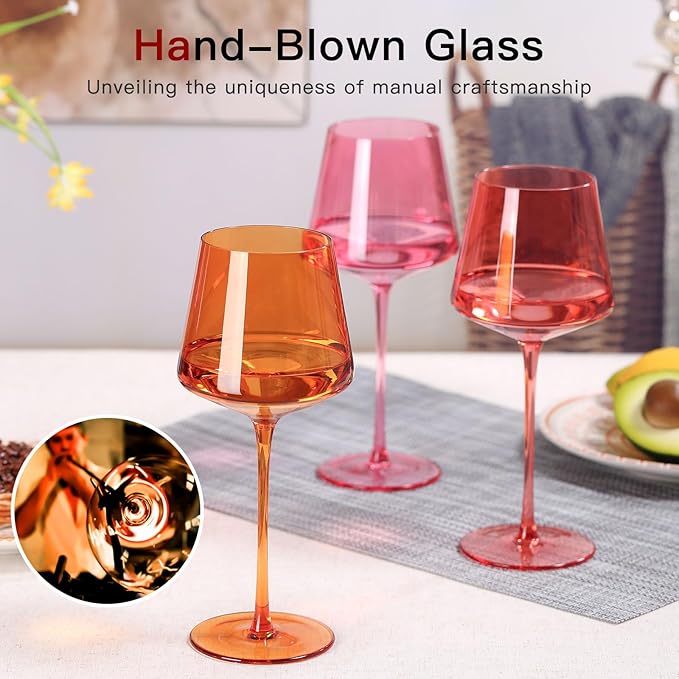 Colored Wine Glasses Set of 6 – 18oz Hand-Blown Crystal Stemmed Wine Glasses, Vibrant Sunset Square stemware for Red & White Wine, Unique Gift for Wedding, Anniversary, Birthday