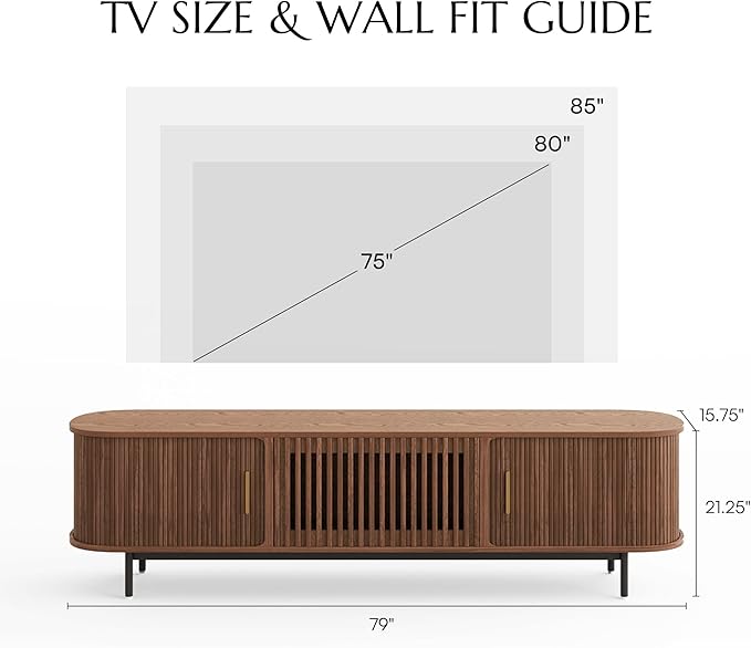POVISON Fully-Assembled Mid Century Modern TV Stand for 75 inch TV, Sliding Door Entertainment Center with Storage, Wood TV Console, Media Console for Living Room Bedroom(Walnut, 78.74")
