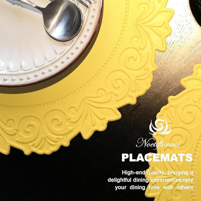 Noctiflorous Round Faux Leather 15 Inch Placemats Set of 6 Waterproof Wipeable Heat Resistant Tablemat for Dining Table Kitchen Non Slip Washable Oilproof Table Place Mat(Mango Yellow, 6)