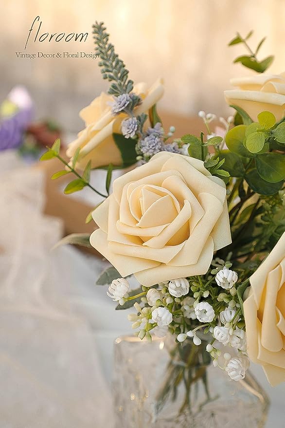 Floroom Artificial Flowers 25pcs Real Looking Creamy Yellow Foam Fake Roses with Stems for DIY Wedding Bouquets Bridal Shower Centerpieces Floral Arrangements Party Tables Home Decorations