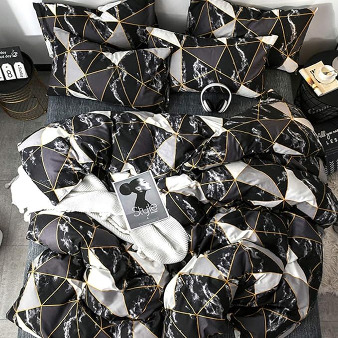 CLOTHKNOW Black White Marble King Size Comforter Set Triangle Plaid Bedding Comforter Set All Season Geometric Comforter with 2 Pillowcases