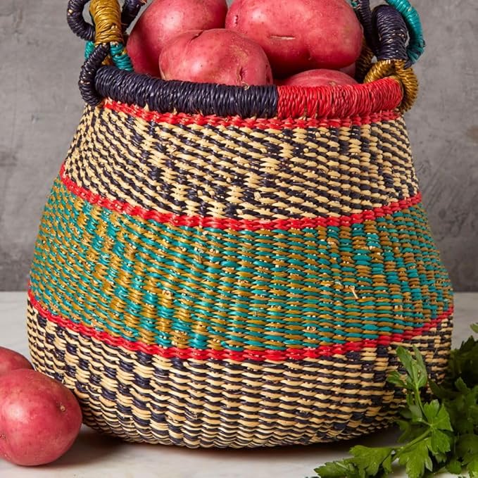Kitchen Decor, Kitchen Storage, Fruit Basket, Wicker Basket, Woven, Shelf Decor, Decorative Basket, Harvestng Basket, Boho, African, Bolga, Pot Shape, 9" W, Small, Dark Green