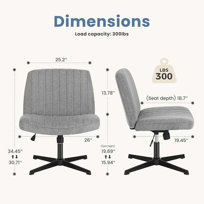 DUMOS Desk Chair No Wheels, Criss Cross Chair Wide Cross Legged Desk Vanity Comfy Chair, Armless Adjustable Swivel Chairs for Home Computer Task Gray