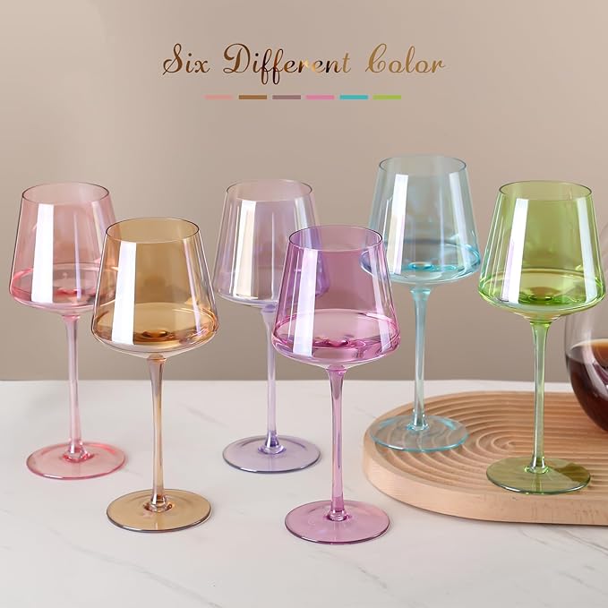 Physkoa Colored Wine Glasses Set 6-16OZ Colorful Wine Glass With Tall Long Stem&Flat Bottom,Colored Stemmed Wine Goblet,Wine Gifts for Women Mom Wife Friend