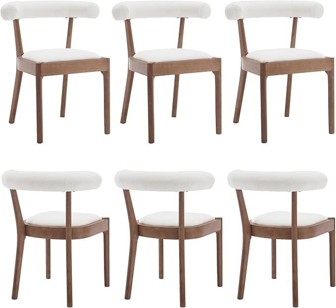 Wood Dining Chairs Set of 6, Mid Century Modern Living Room Chairs with Unique Curved Open Back Comfy Upholstered Side Chair for Kitchen/Restaurant/Reception, Linen White