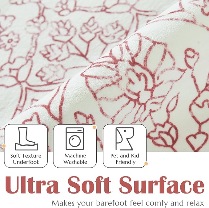 jinchan Vintage Floral Washable Area Rug 5x7 Distressed Faux Wool, Red