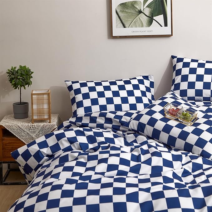 CLOTHKNOW Plaid Twin/Twin XL Comforter Sets Blue White Bedding Comforter Sets Royal Blue White Bed Comforter Blue Bedding Sets Soft
