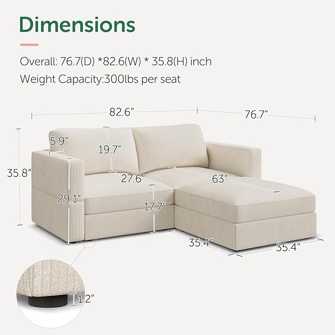 HONBAY Modular Sectional Sofa with Storage Corduroy Couches with Chaise L Shaped Sectional Couches for Living Room,Beige