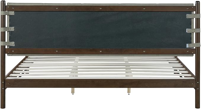 Premium Rubber Wood Platform Bed Frames, King Size Headboard Included, Mid Century Modern Beds, Walnut+Light Grey