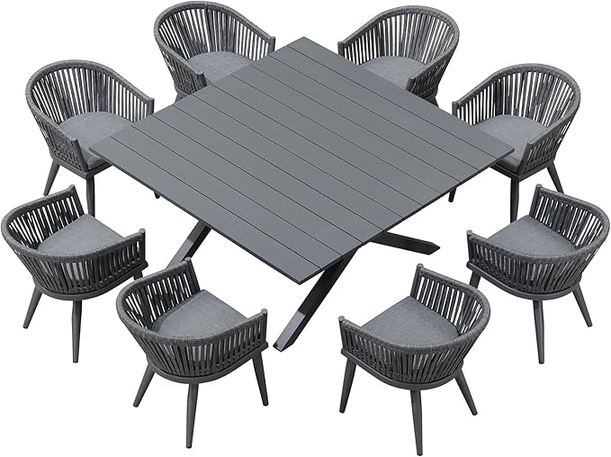 PURPLE LEAF 9 Pieces Outdoor Dining Set with Patio Aluminium Square Dining Table and Wicker Rattan Chairs Modern Furniture Cushions Sets for Backyard Indoor Decor Kitchen Grey
