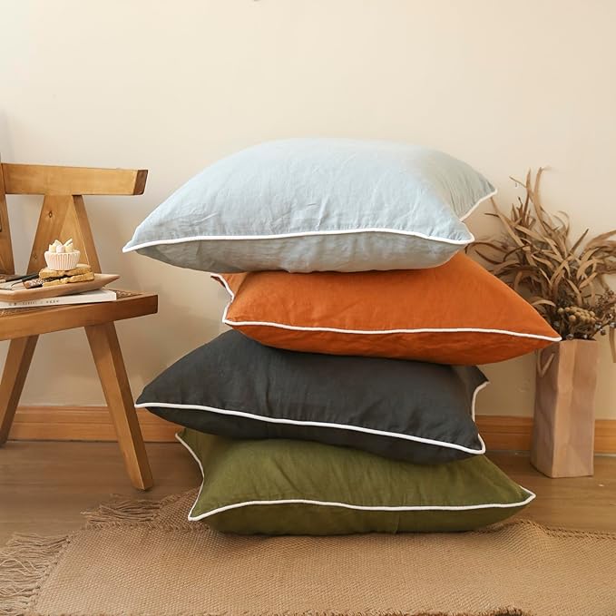 Simple&Opulence 100% Linen Euro Sham Covers with Piping Trim, 26"x26" Pillow Cover Set of 2, Breathable Pillow Shams for Bed Couch Decorative Cushions, Dark Grey