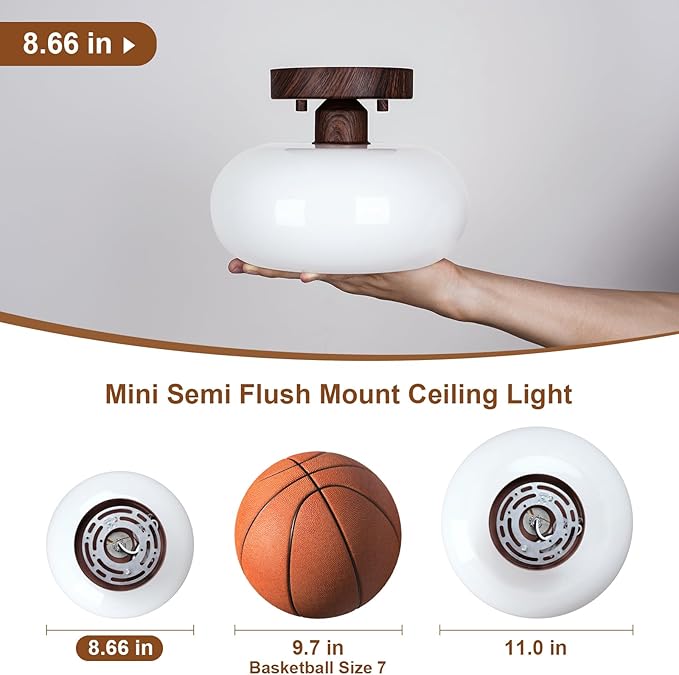 Mid-Century Modern Semi Flush Mount Ceiling Light, Faux Walnut Wood Kitchen Light Fixtures with Glass Shade, Mini White Close to Ceiling Lamp for Entryway Hallway Bathroom (8.66 Inch)