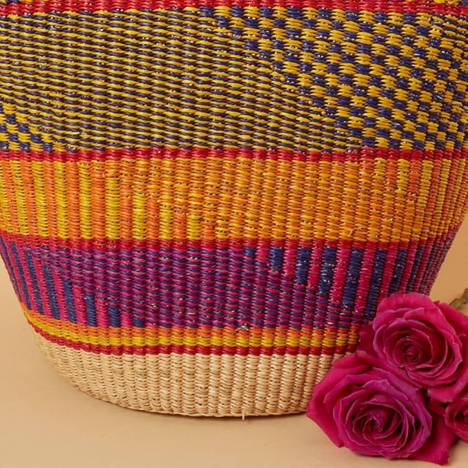 Kitchen & Dining Storage, Reusable Grocery Bag, Countertop Fruits Holder, Picnic Basket, Market Tote, Beach Basket, Harvesting, Foraging, Decorative Wicker Basket, Woven, Boho, Yellow Orange