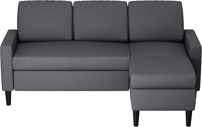 Shintenchi Convertible Sectional Sofa 3 Seat L Shaped Sofa with Movable Ottoman Linen, Black