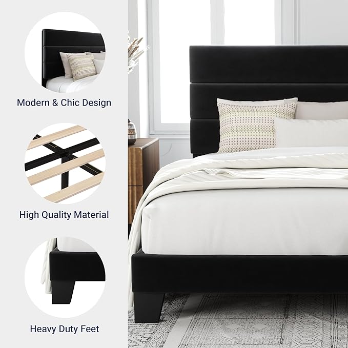 Allewie Full Size Platform Bed Frame with Velvet Upholstered Headboard and Wooden Slats Support, Fully Upholstered Mattress Foundation/No Box Spring Needed/Easy Assembly, Black