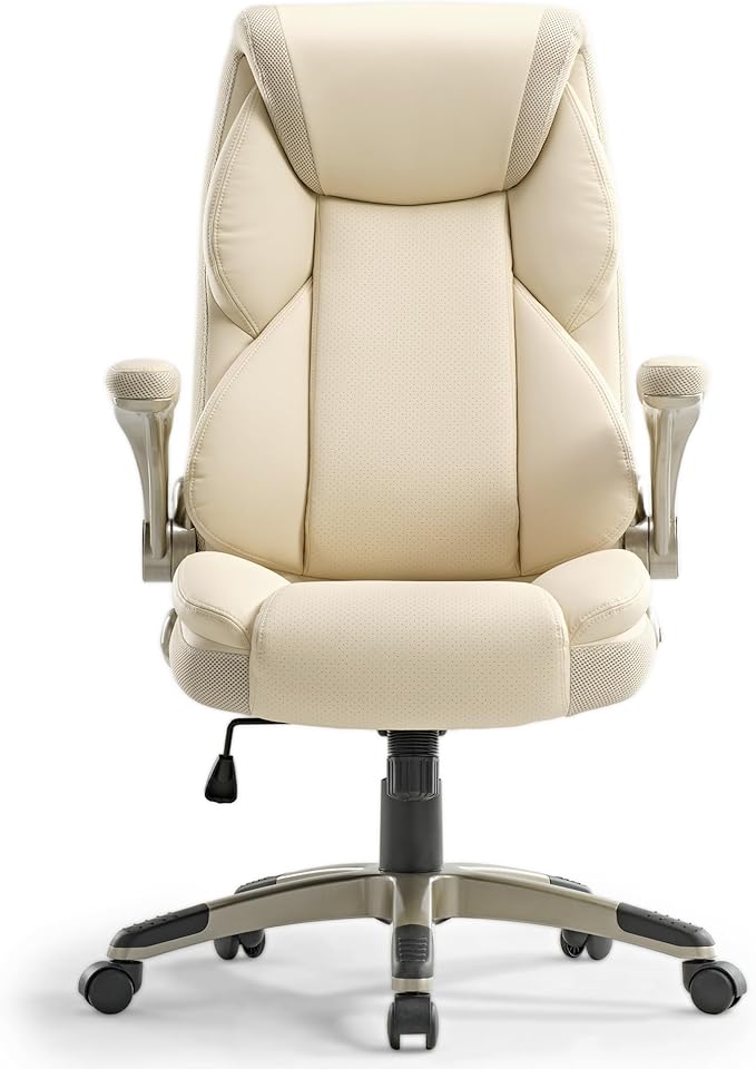 EUREKA ERGONOMIC Galene Executive Office Chair Flip Up Arm Rest, Ergonomic Desk Chair Faux Leather Computer Chair, High Back Office Chair with Headrest, Home Desk Chairs with Wheels, Beige