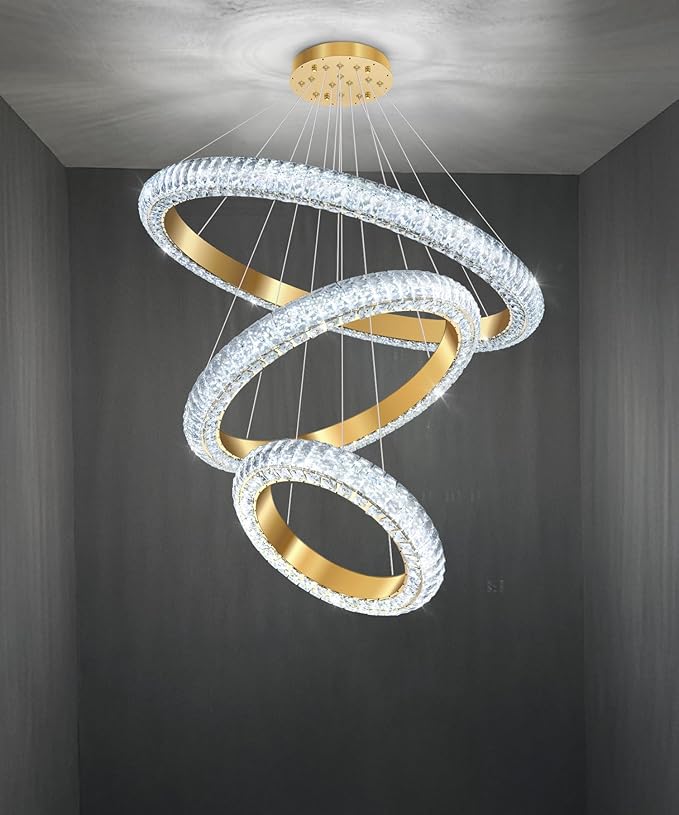 31.5" 3 Ring Crystal Chandelier Modern LED Dimmable Ring Pendant Light Round Chandelier for Dining Room Living Room Gold