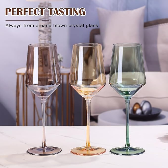 Colored Wine Glasses Set of 6-15oz Hand Blown Colored Crystal Red Wine Glasses with Stem for Party Bar