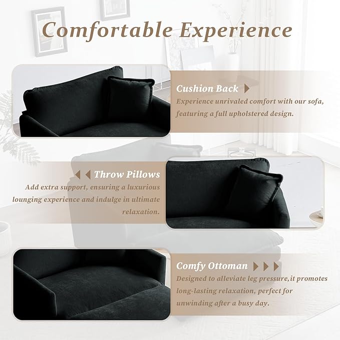 SoarFlash Chenille Sectional Sofa, Comfy Modular Single Sofa with Ottoman, Modern Recliner Deep Seat Sofa Set for Living Room,Black