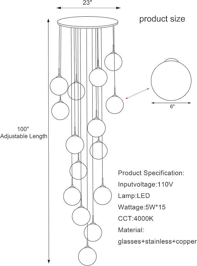 15-Light Foyer Chandeliers for High Ceilings LED Staircase Chandelier Large Chandeliers for High Ceilings, Entryway Modern Lighting Fixture Villas and Stairs, Adjustable Length 23" W x100 H,75W
