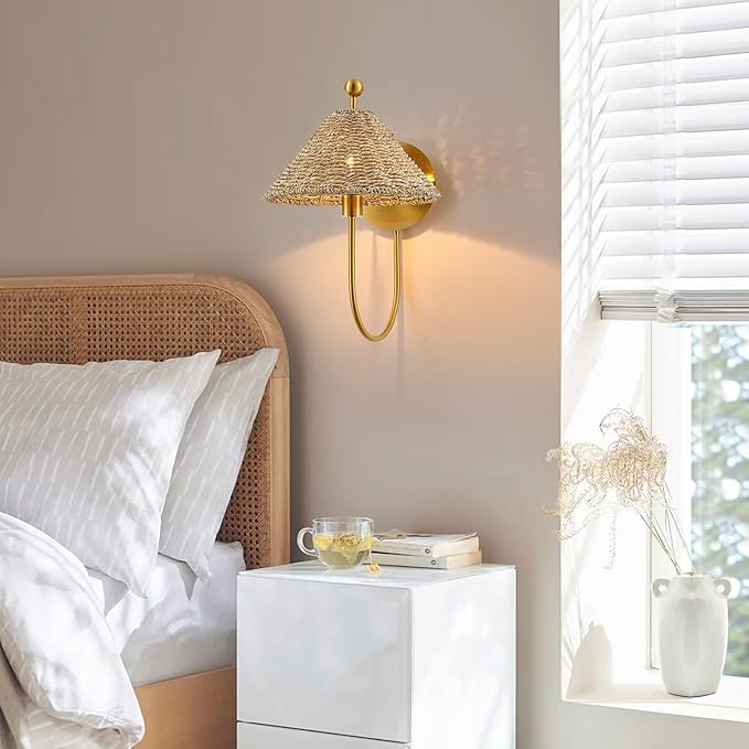 Boho Hand Woven Rattan Wall Scones Set of 2 Brass Wall Lamp Sconces Rustic Wall Lights for Bedside Hallway Vanity Stairway Fireplace Living Room, UL Listed