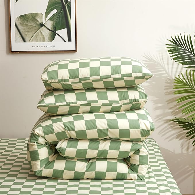 Pureant Green White Plaid Comforter Sets Full Women Men Sage Green Checkerboard Grid Bedding Comforters Cotton Boys Girls Modern Grass Green and White Checkered Geometric Quilts Luxury Abstract Bed