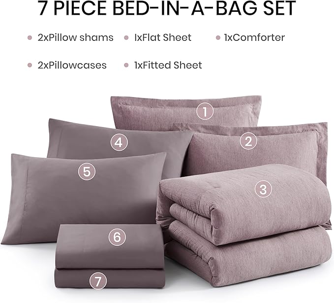 Monbix Queen Comforter Set - 7 Pieces Cationic Dyeing Lilac Bed in a Bag Queen Bedding Sets with Comforter, Sheets, Pillowcases & Shams, Reversible Bedding Comforters Sets
