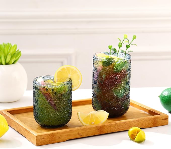 Blue Drinking Glasses Set of 12, 12 Oz Highball & 10 Oz Cocktail Glasses, Blue Kitchen Vintage Glassware Set, Floral Embossed Glass Tumbler Cups for Water, Beer, Juice, Whiskey, Coffee