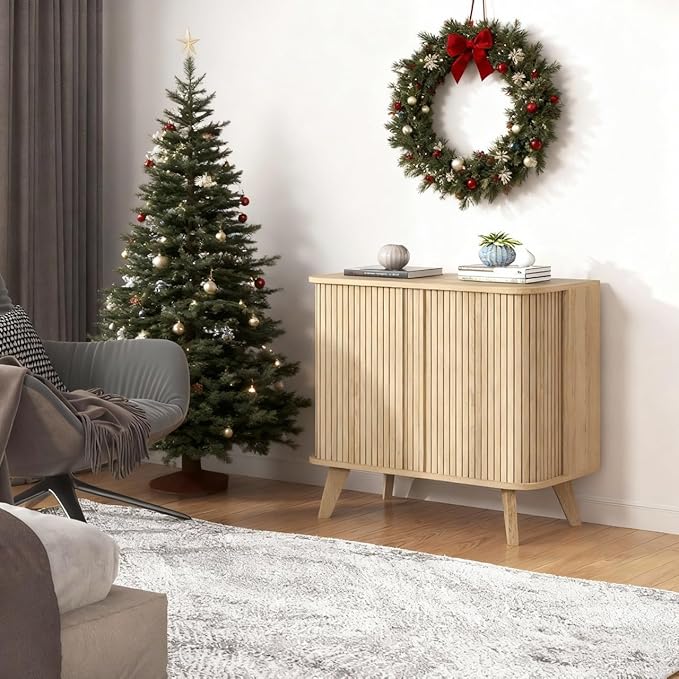 Fluted Sideboard Buffet Cabinet with Storage, 27” Curvy Edge Accent Storage Cabinet with Sliding Doors & Shelves, Modern Sideboard Credenza Console for Kitchen, Living Room, Entryway, Oslo