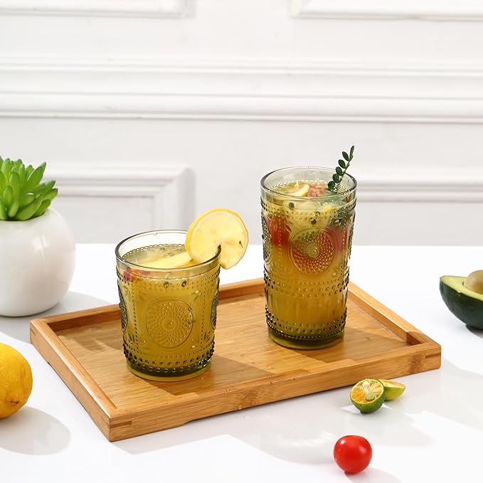 Green Drinking Glasses Set of 12, 16 Oz Highball & 13 Oz Cocktail Glasses, Green Kitchen Vintage Glassware Set, Floral Embossed Glass Tumbler Cups for Water, Beer, Juice, Whiskey, Coffee