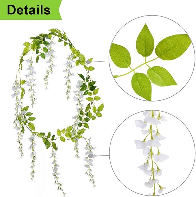 Lvydec Wisteria Artificial Garland, 4Pcs Total 28.8ft White Artificial Wisteria Vine Silk Hanging Flower for Home Garden Outdoor Ceremony Wedding Arch Floral Decor