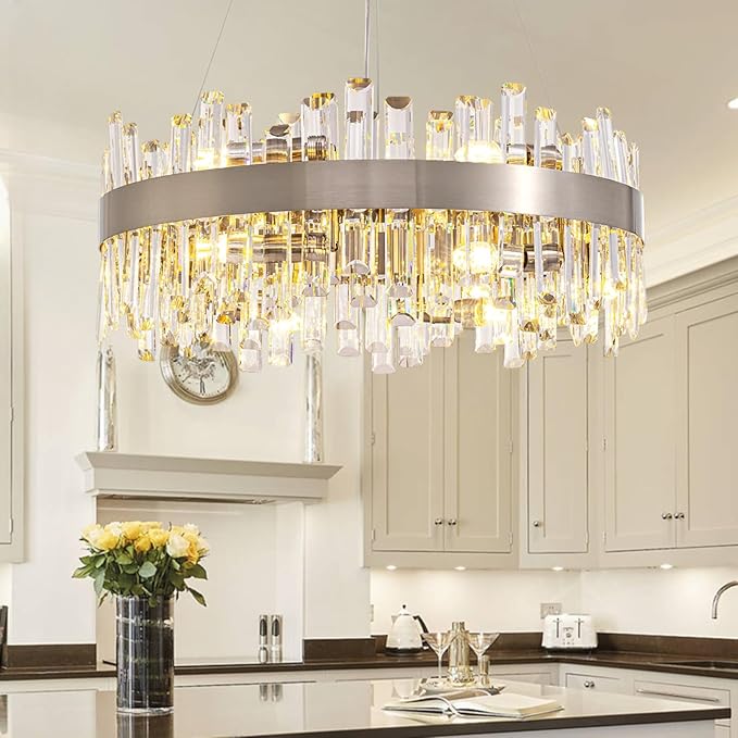 Siljoy 12-Light Modern Crystal Chandelier Round Brushed Nickel 2-Tier K9 Crystal Raindrop Chandelier Luxury Adjustable Hanging Ceiling Light Fixture for Living Dining Room Kitchen Island D23.6''