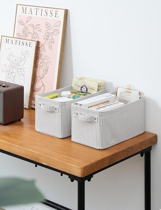 StorageWorks Narrow Storage Bins, Small Basket for Closet and Shelves, Rectangular Fabric Organizer with Handles, Toilet Paper Storage, Khaki and Beige Stripes, 2-Pack