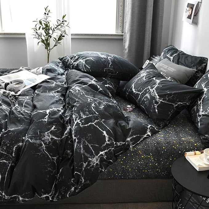 CLOTHKNOW Black Grey White King Size Comforter Set Marble Bedding Comforter Sets All Season Black Comforter Abstract Comforter with 2 x Pillow Cases