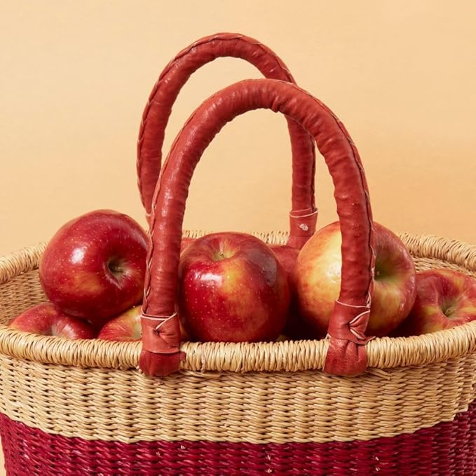 Large Woven Market Basket, Harvesting, Gardening, Picnic Basket, Foraging, Farmers, Fruit Picking, Shopping Tote, Groceries, Handmade, Boho, African, Ghana, Bolga, Leather Handle, 12" Wide, Oval, Cranberry