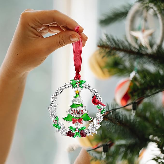 Christmas Tree Ornament Metal Silver Hanging Rotatable Design Charm Holiday Decorative Pendant Gift Keepsake (2025 Joy)